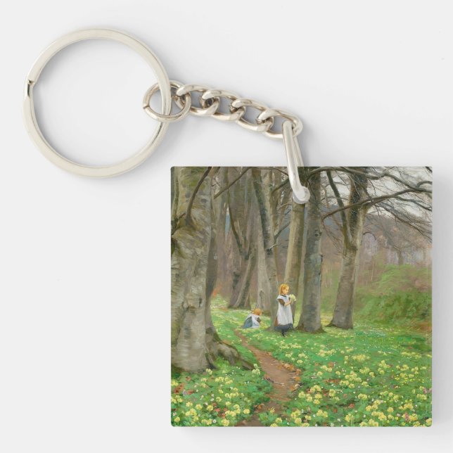 Two girls picking flowers in spring forest key ring (Front)