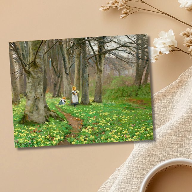 Two girls picking flowers in spring forest postcard (Creator Uploaded)