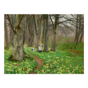 Two girls picking flowers in spring forest poster