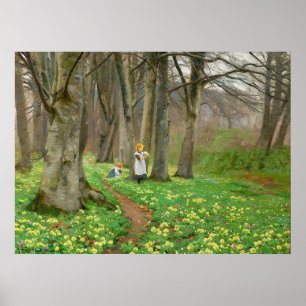 Two girls picking flowers in spring forest poster