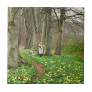 Two girls picking flowers in spring forest tile