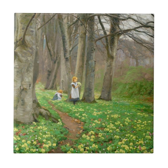 Two girls picking flowers in spring forest tile (Front)