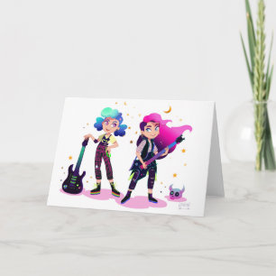 Two girls play rock guitar together card