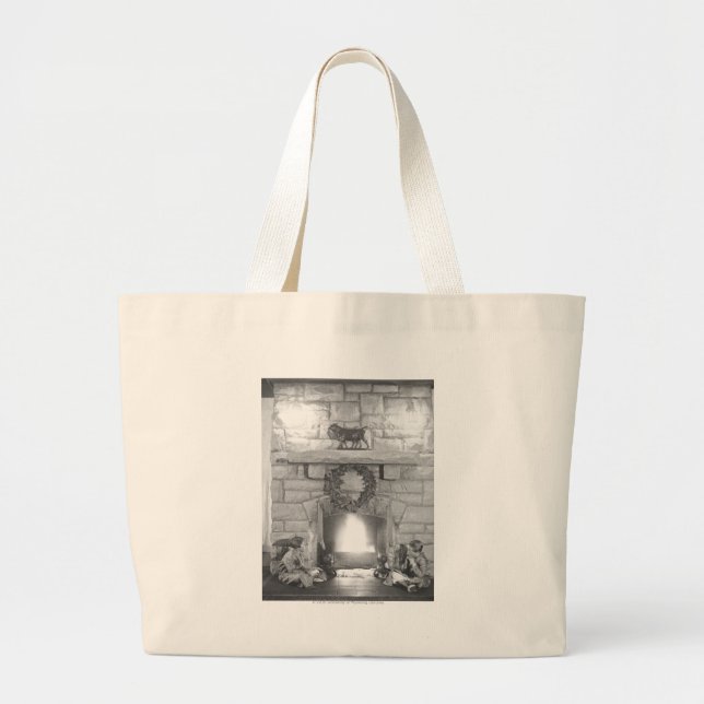 Two girls sitting by a fireplace at Christmas Large Tote Bag (Front)