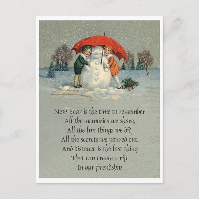 Two girls together with snowman under red umbrella postcard (Front)