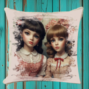 Two Girls Vintage Doll Core Whimsical  Cushion
