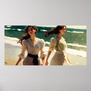 Two Girls Walking Along Shore on a Sunny Day Poster