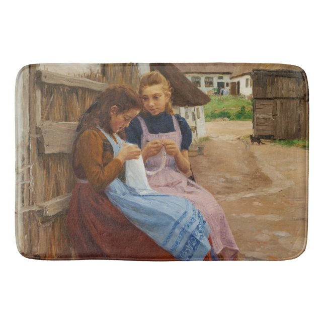 Two Girls With Needlework Sitting in a Farmyard Bath Mat (Front)