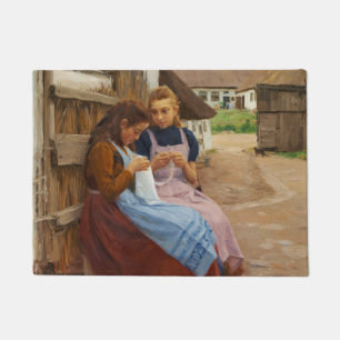 Two Girls With Needlework Sitting in a Farmyard Doormat