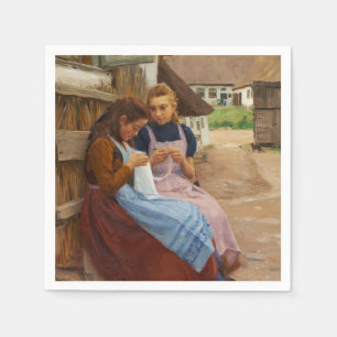 Two Girls With Needlework Sitting in a Farmyard Napkin