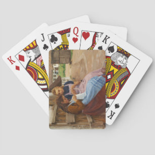 Two Girls With Needlework Sitting in a Farmyard Playing Cards