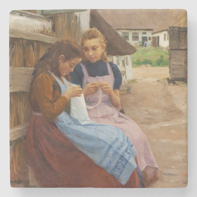 Two Girls With Needlework Sitting in a Farmyard Stone Coaster (Front)