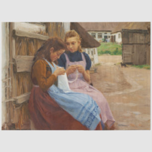 Two Girls With Needlework Sitting in a Farmyard Tissue Paper