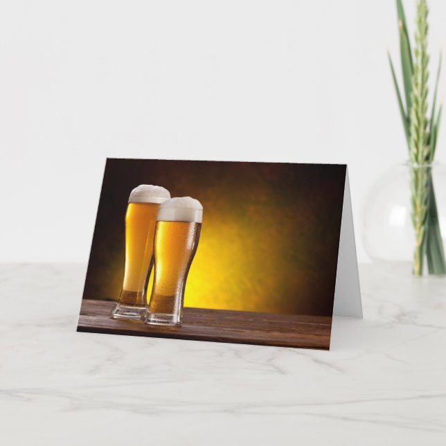 Two glasses of beers on a wooden table card (Front)