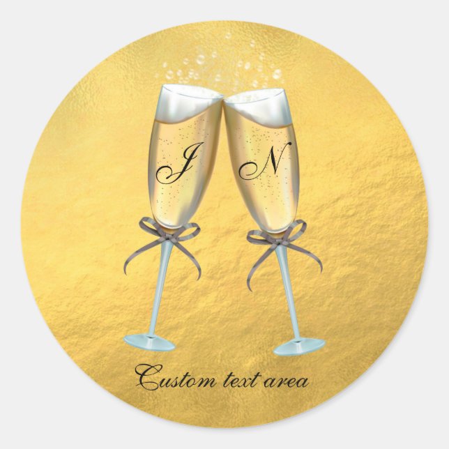 Two Glasses of Bubbly Faux Foil Gold Personalised Classic Round Sticker (Front)