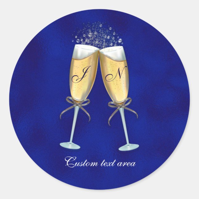 Two Glasses of Bubbly-Royal Blue Personalised Classic Round Sticker (Front)