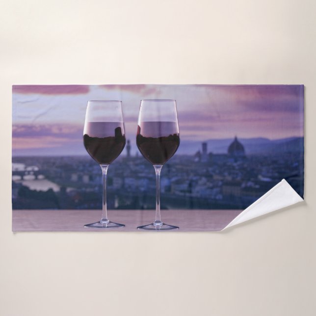 Two glasses of red wine on Florence skyline Bath Towel (Bath Towel)