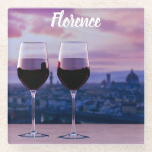 Two glasses of red wine on Florence skyline Glass Coaster