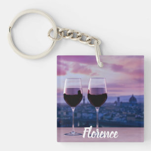 Two glasses of red wine on Florence skyline Key Ring