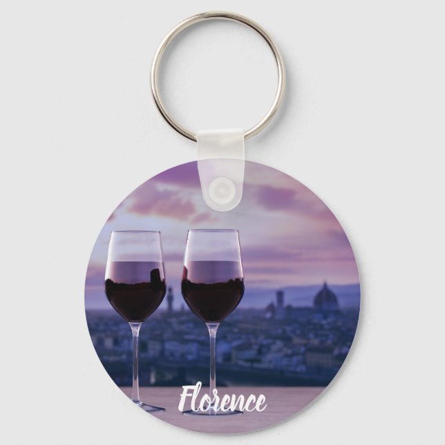 Two glasses of red wine on Florence skyline Key Ring (Front)