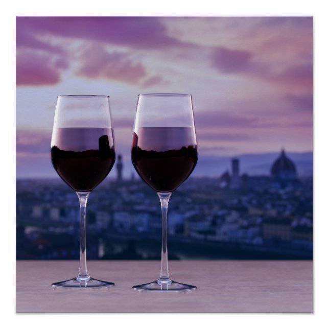 Two glasses of red wine on Florence skyline Poster (Front)