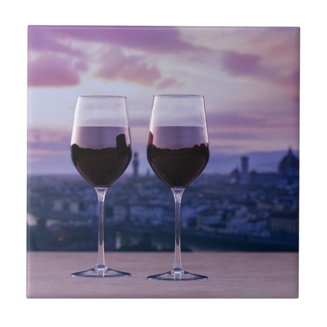 Two glasses of red wine on Florence skyline Tile (Front)