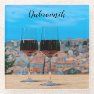 Two glasses of red wine with view of Dubrovnik Glass Coaster