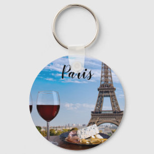 Two glasses of wine in cafe in Paris Key Ring