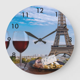 Two glasses of wine in cafe in Paris Large Clock