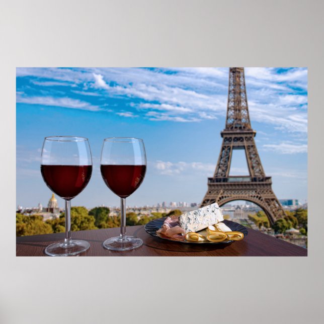 Two glasses of wine in café in Paris Poster (Front)