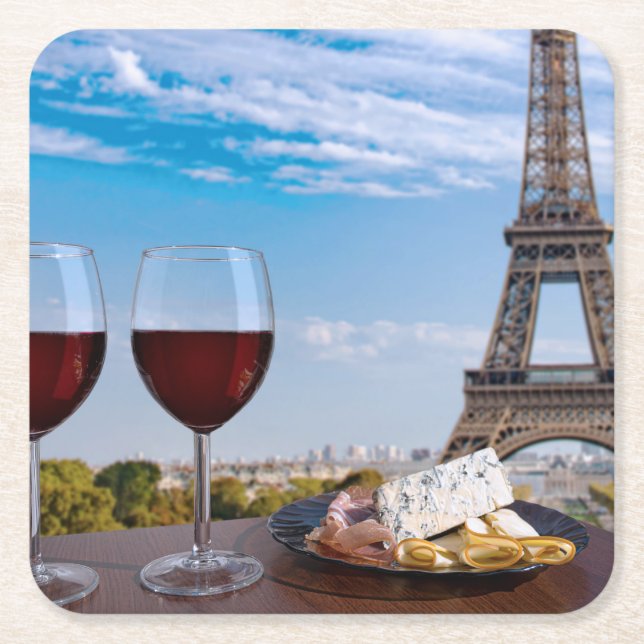 Two glasses of wine in cafe in Paris Square Paper Coaster (Front)