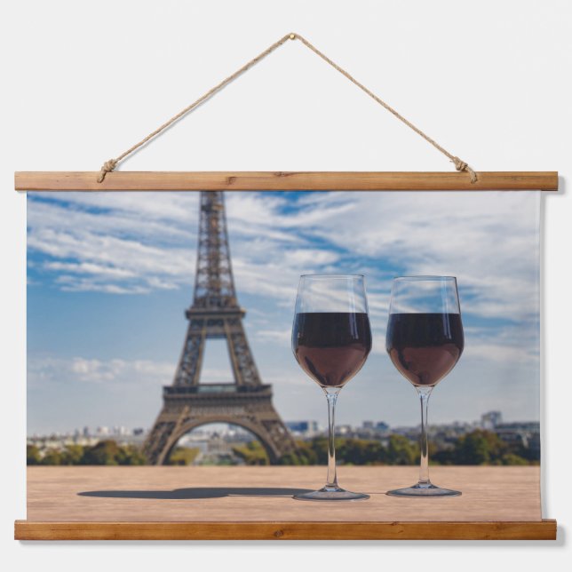 Two glasses of wine with Eiffel tower Hanging Tapestry (Front)