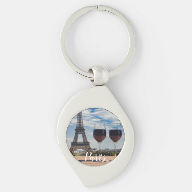 Two glasses of wine with Eiffel tower Key Ring (Front)