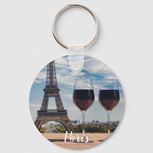 Two glasses of wine with Eiffel tower Key Ring (Front)