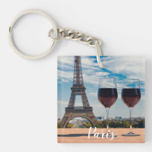 Two glasses of wine with Eiffel tower Key Ring