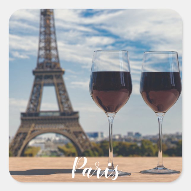 Two glasses of wine with Eiffel tower Square Sticker (Front)
