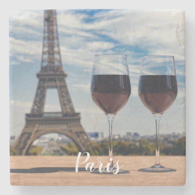 Two glasses of wine with Eiffel tower Stone Coaster (Front)
