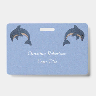 Two Glittery Jumping Dolphins Dark Blue White ID Badge