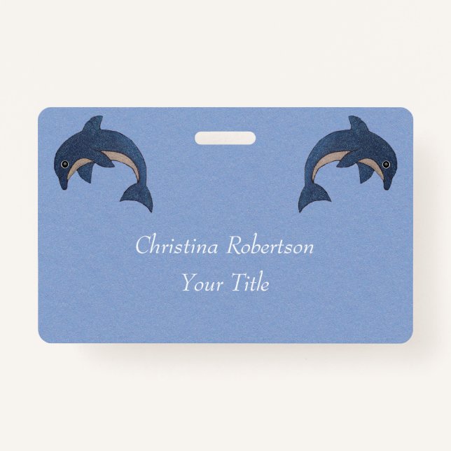 Two Glittery Jumping Dolphins Dark Blue White ID Badge (Front)