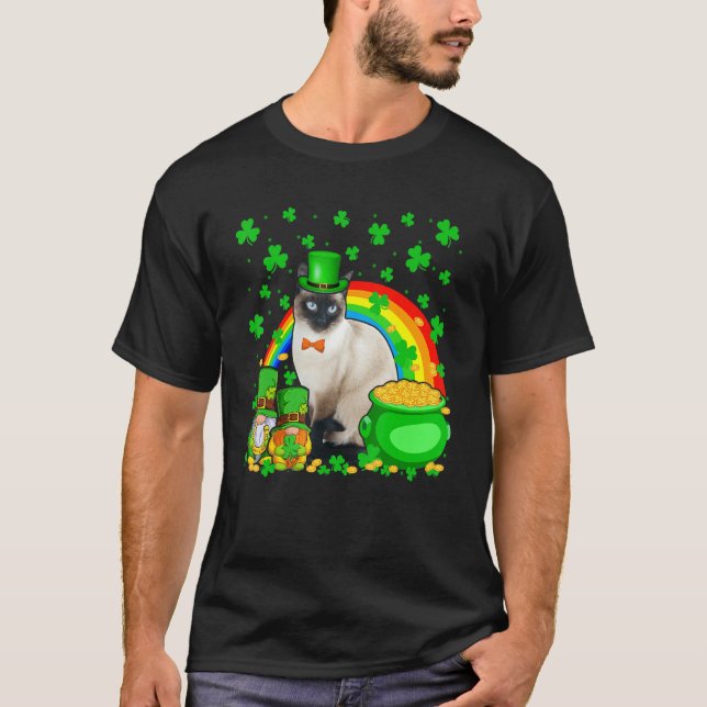 Two Gnomes And Siamese Wearing Patrick's Day Hat S T-Shirt (Front)