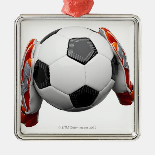 Two goal keepers gloves holding a football metal tree decoration (Front)