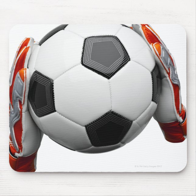 Two goal keepers gloves holding a football mouse mat (Front)