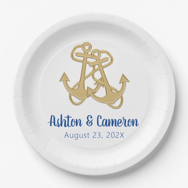 Two Gold Anchors Nautical Wedding Paper Plate (Front)