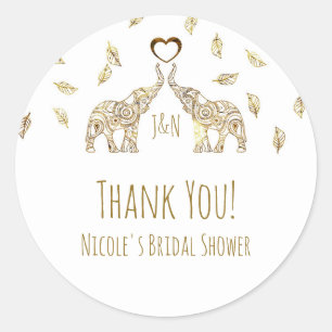 Two Gold Elephants & Fall Leaves Wedding Favour Classic Round Sticker