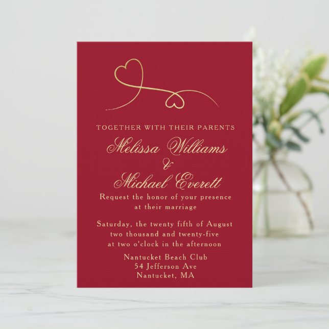 Two Gold Hearts | Carmine Red Wedding Invitation (Standing Front)