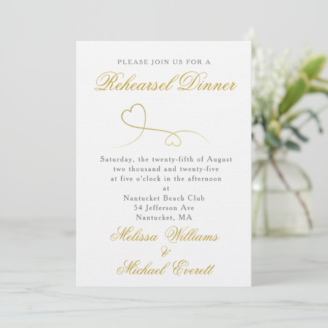 Two Gold Hearts | Elegant Minimal Rehearsel Dinner Invitation (Standing Front)