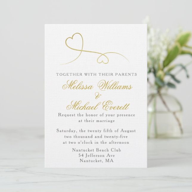 Two Gold Hearts | Elegant Minimal Wedding Invitation (Standing Front)
