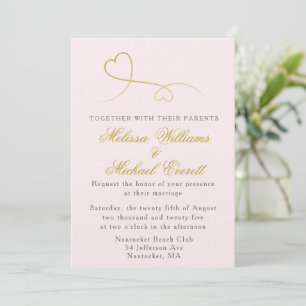 Two Gold Hearts Minimal Pink Wedding Invitation