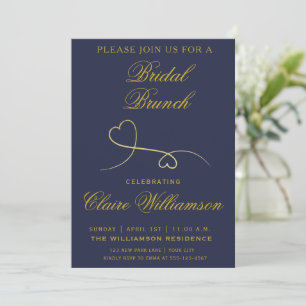 Two Gold Hearts Navy Blue Bridal Brunch Invitation