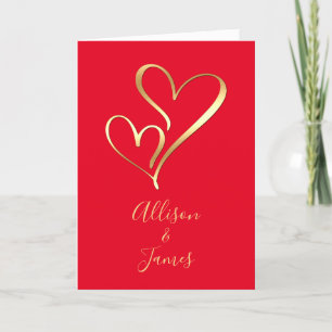 Two Gold Hearts on Red Personalised Names Holiday Card